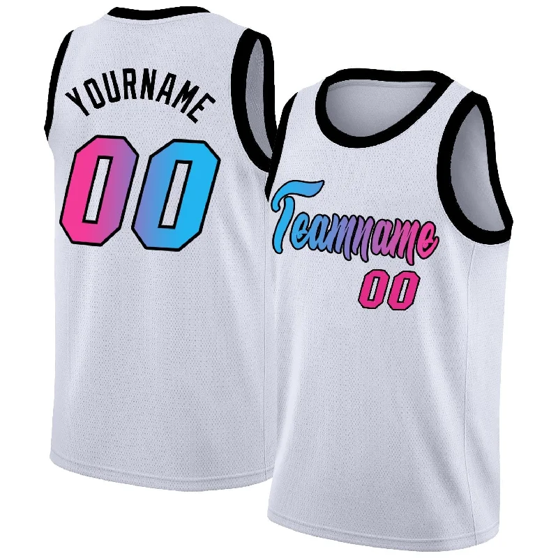 Personalized soccer jersey with team-specific logos-Personalized basketball jersey with team-specific logos-Custom White Pink Gradient Fashion Tops Basketball Jersey