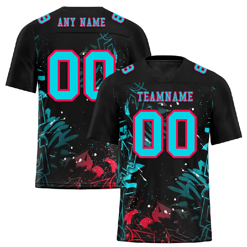 Soccer jersey with breathable fabric for comfort-Custom Black Graffiti Pattern Aqua Personalized Authentic Football Jersey FBJ02-bc0face