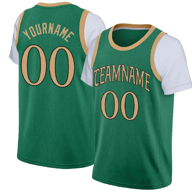 Personalized soccer jersey with bold number designs-Personalized basketball jersey with bold number designs-Custom Green Old Gold-Black Classic Tops Casual Fake Sleeve Basketball Jersey