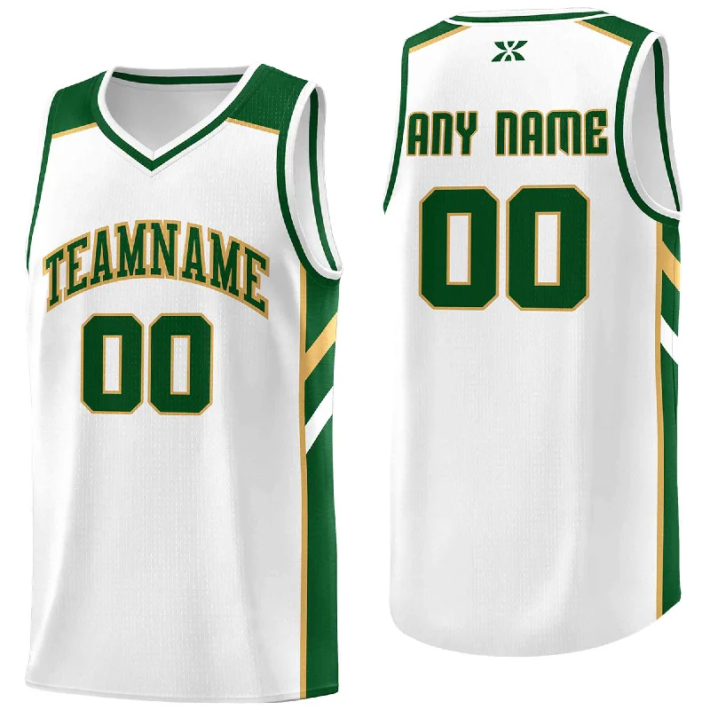 Personalized soccer jersey with embroidered logo-Personalized basketball jersey with embroidered logo-Custom White Green-Old Gold Classic Tops Style Mesh Sport Basketball Jersey