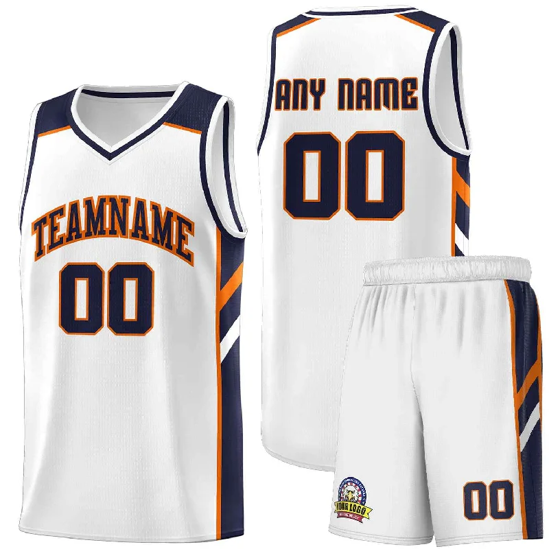 Premium soccer jersey with embroidery options-Premium basketball jersey with embroidery options-Custom White Navy-Orange Classic Sets Sports Uniform Basketball Jersey