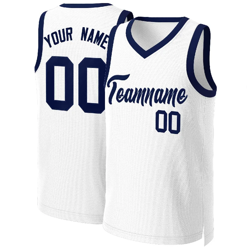 Personalized soccer jersey with embroidered logo-Personalized basketball jersey with embroidered logo-Custom White Navy Blue Classic Tops Basketball Jersey