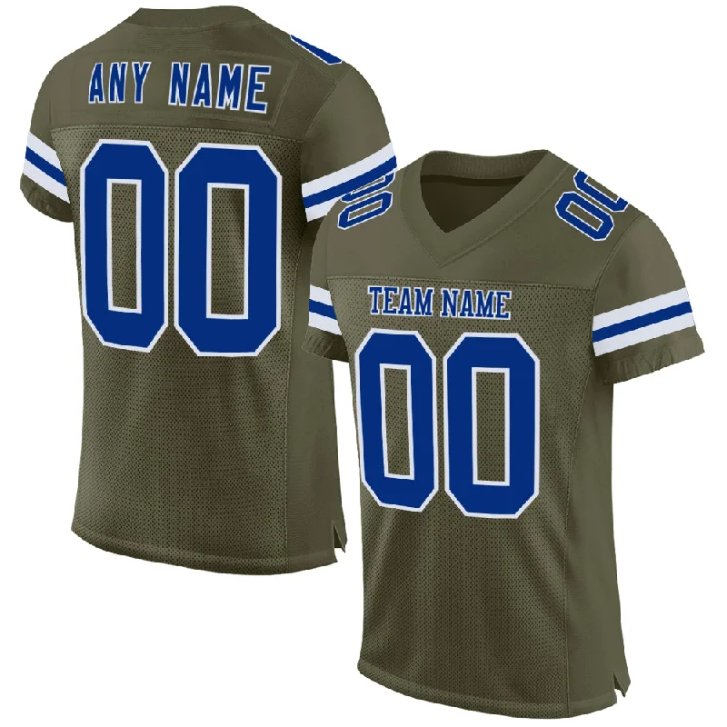 Personalized soccer jersey for high school and college teams-Custom Olive Royal-White Mesh Authentic Salute To Service Football Jersey