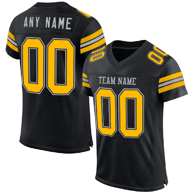 Soccer jersey with stylish details for fans-Custom Black Gold-Gray Mesh Authentic Football Jersey