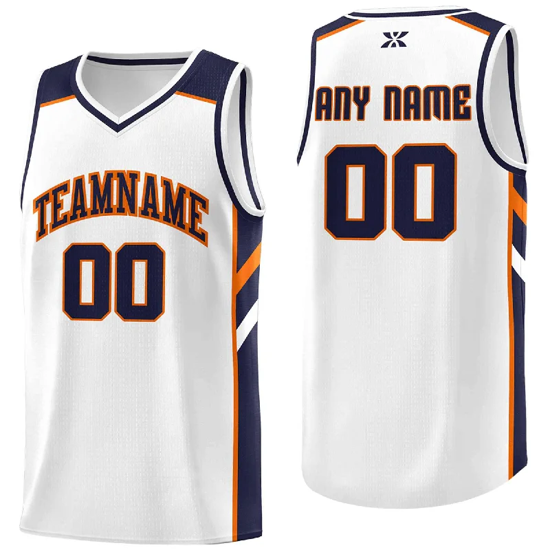 Custom soccer jersey for youth soccer leagues-Custom basketball jersey for youth basketball leagues-Custom White Navy-Orange Classic Tops Style Mesh Sport Basketball Jersey