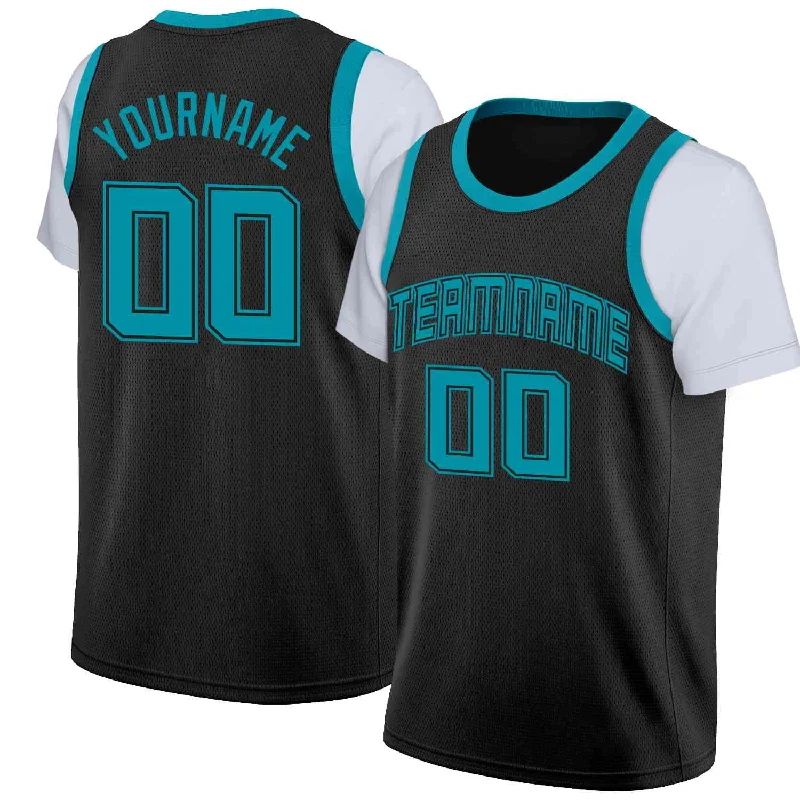 Soccer jersey with moisture-wicking fabric for comfort-Basketball jersey with moisture-wicking fabric for comfort-Custom Black Teal-Black Classic Tops Casual Fake Sleeve Basketball Jersey