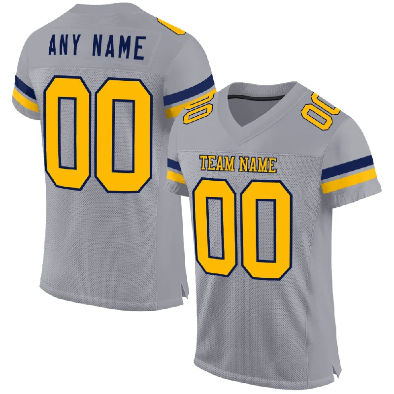 Personalized soccer jersey with motivational quotes-Custom Gray Gold-White Mesh Authentic Football Jersey