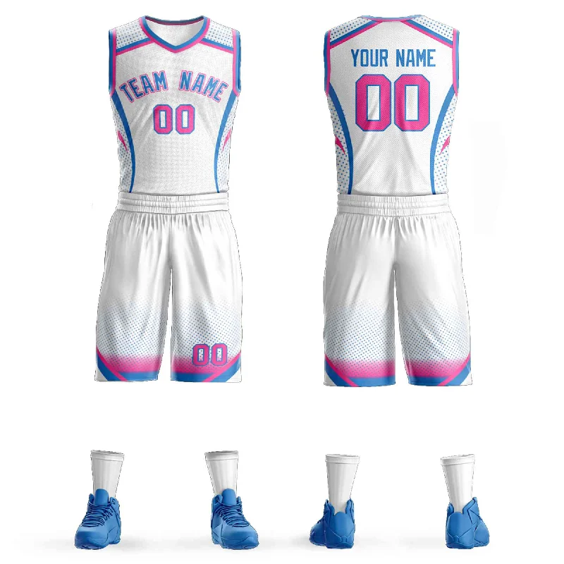 Personalized soccer jersey with bold graphic prints-Personalized basketball jersey with bold graphic prints-Custom White Pink-Light Blue Graffiti Pattern Sets Points Element Basketball Jersey