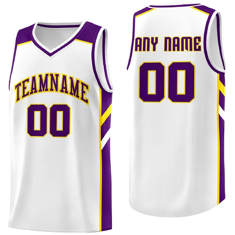 Personalized soccer jersey with motivational quotes-Personalized basketball jersey with motivational quotes-Custom White Purple-Yellow Classic Tops Men/Boy Athletic Basketball Jersey