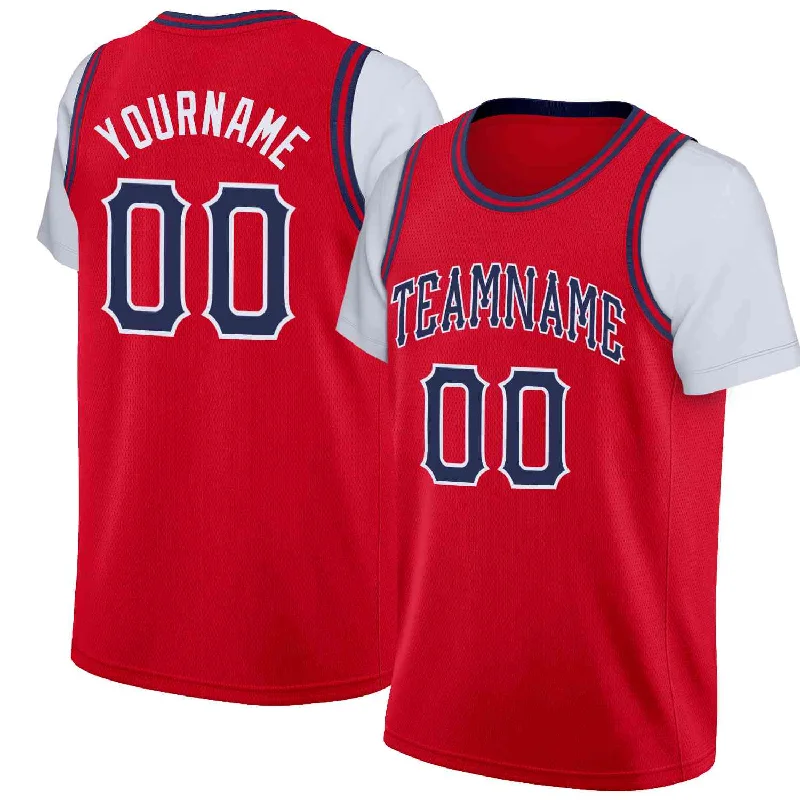 Soccer jersey with player name and number personalization-Basketball jersey with player name and number personalization-Custom Red Navy-White Classic Tops Casual Fake Sleeve Basketball Jersey