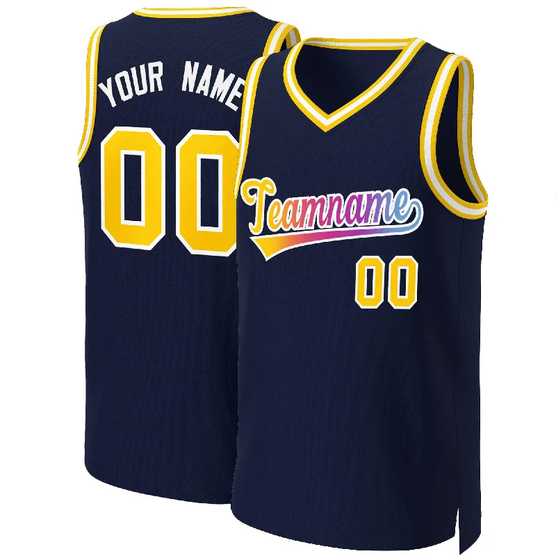 Custom soccer jersey with sleek modern lines-Custom basketball jersey with sleek modern lines-Custom Navy Yellow-White Classic Gradient Fashion Tops Basketball Jersey