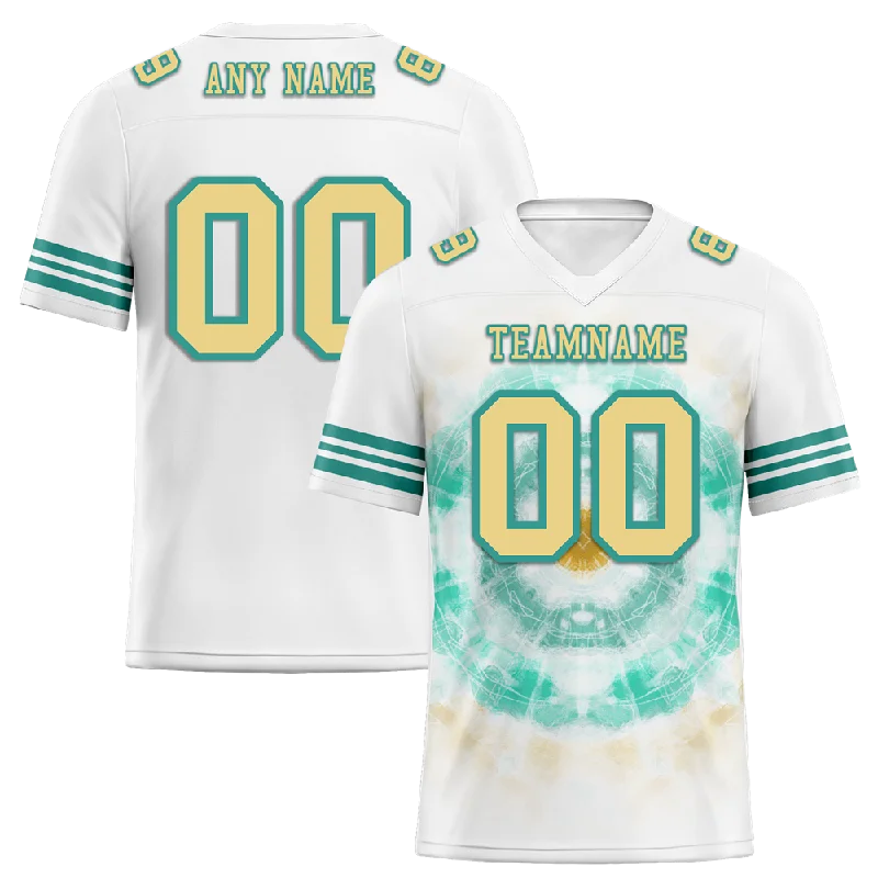 Team soccer jersey with matching accessories-Custom White Aqua Tie Dye Yellow Personalized Authentic Football Jersey FBJ02-bc0fa78