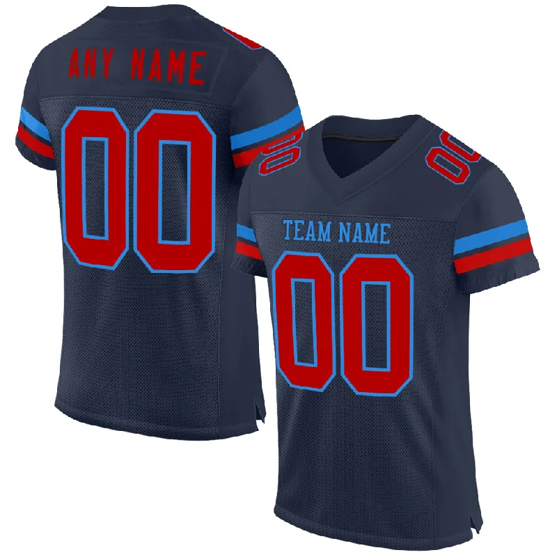 Custom soccer jersey with contemporary designs-Custom Navy Red-Powder Blue Mesh Authentic Football Jersey