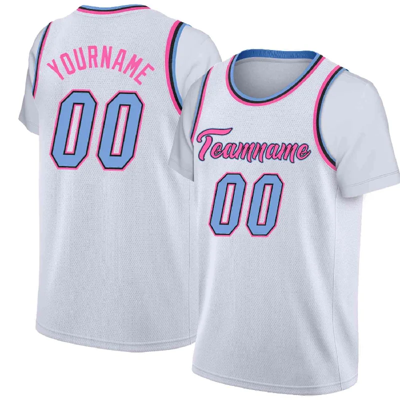 Personalized soccer jersey with team logo-Personalized basketball jersey with team logo-Custom White Pink-Light Blue Classic Tops Casual Fake Sleeve Basketball Jersey