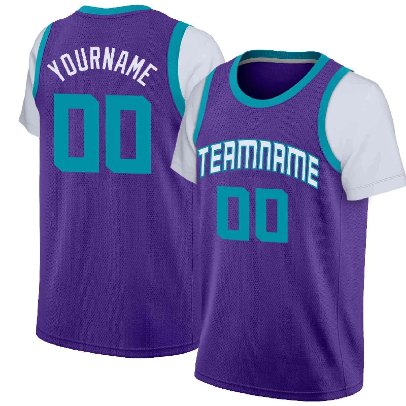 Retro-style soccer jersey with team branding-Retro-style basketball jersey with team branding-Custom Purple White-Teal Classic Tops Casual Fake Sleeve Basketball Jersey