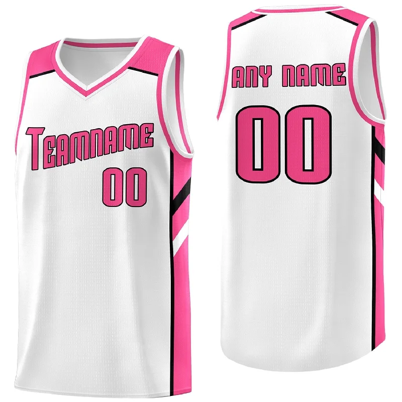 Personalized soccer jersey with team logo-Personalized basketball jersey with team logo-Custom White-Pink Classic Tops Sport Game Basketball Jersey