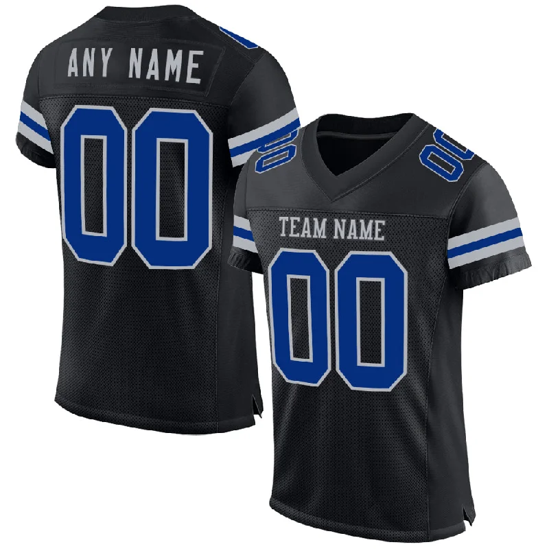 Soccer jerseys with custom patches and designs-Custom Black Royal-Gray Mesh Authentic Football Jersey