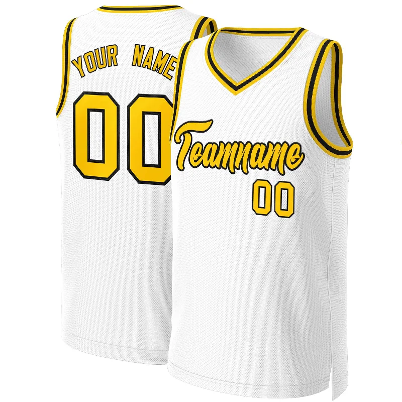 Soccer jersey with modern cut and fit-Basketball jersey with modern cut and fit-Custom White Yellow-Black Classic Tops Basketball Jersey