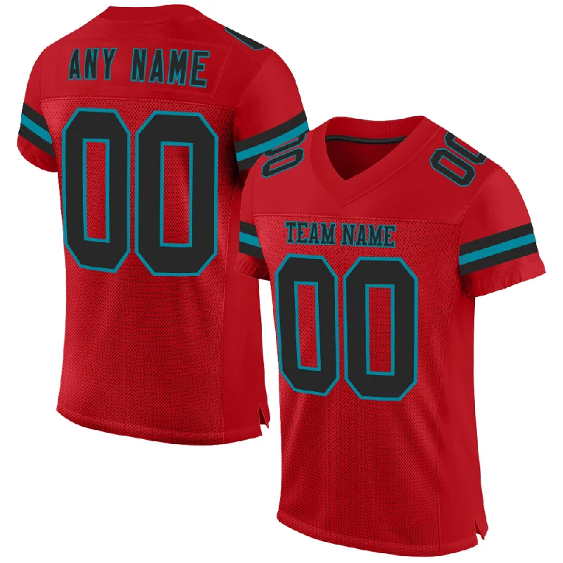 Custom soccer jersey for team bonding experiences-Custom Red Black-Teal Mesh Authentic Football Jersey