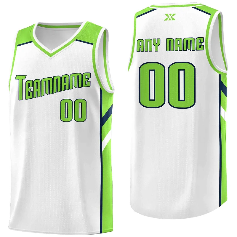 Custom soccer jersey with sleek modern lines-Custom basketball jersey with sleek modern lines-Custom White Neon Green-Navy Classic Tops Style Mesh Sport Basketball Jersey