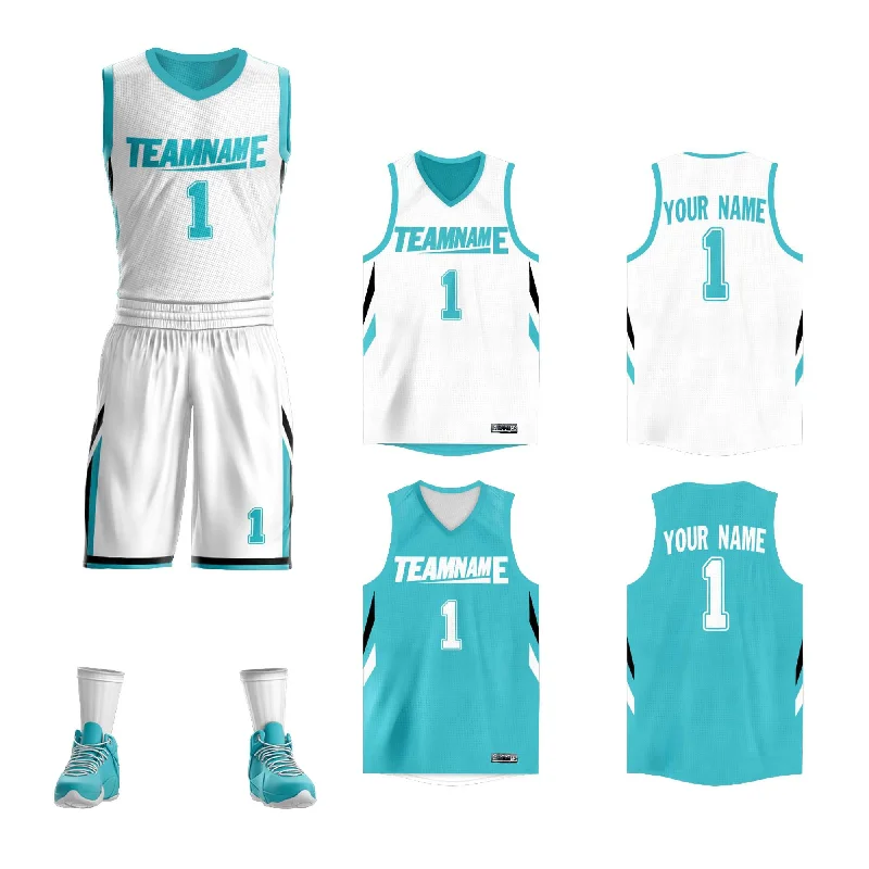 Soccer jersey with team colors and design-Basketball jersey with team colors and design-Custom White Teal Double Side Sets Design Sportswear Basketball Jersey