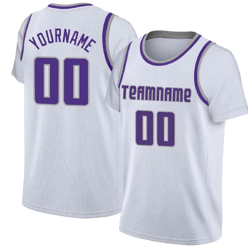 Custom soccer jersey for charity events-Custom basketball jersey for charity events-Custom White Purple-Gray Classic Tops Casual Fake Sleeve Basketball Jersey