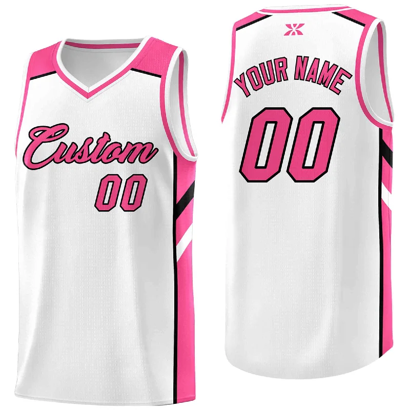 Personalized soccer jersey with vibrant color schemes-Personalized basketball jersey with vibrant color schemes-Custom White Pink-Black Classic Tops Style Mesh Sport Basketball Jersey