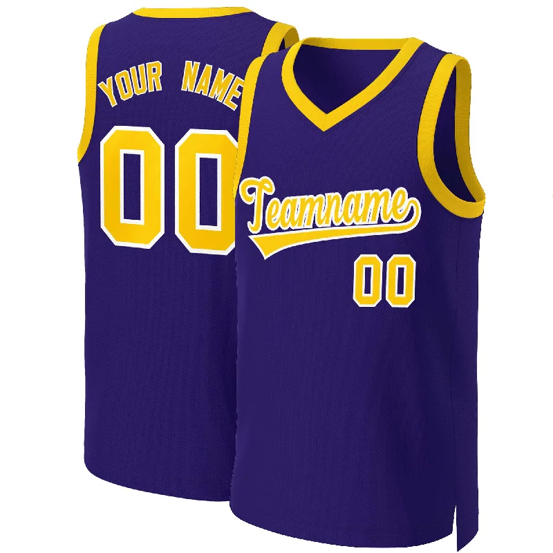 Custom soccer jersey for fan merchandise-Custom basketball jersey for fan merchandise-Custom Purple Gold-White Classic Tops Basketball Jersey