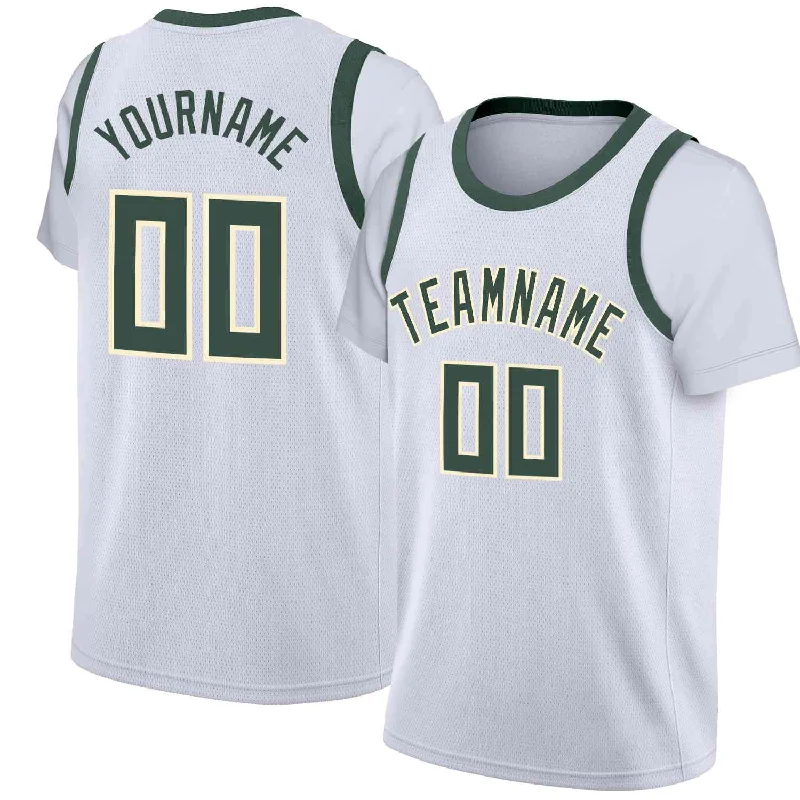 Custom soccer jersey for league championships-Custom basketball jersey for league championships-Custom White Hunter Green-Cream Classic Tops Casual Fake Sleeve Basketball Jersey