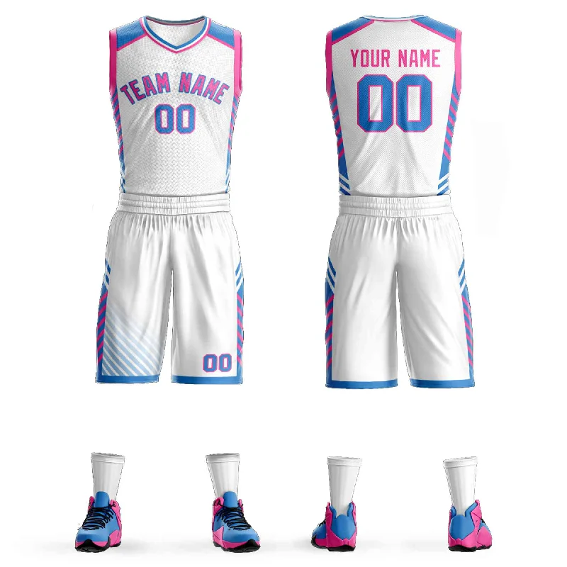 Soccer jersey with modern cut and fit-Basketball jersey with modern cut and fit-Custom White Pink-Powder Blue Graffiti Pattern Sets Bar Element Basketball Jersey