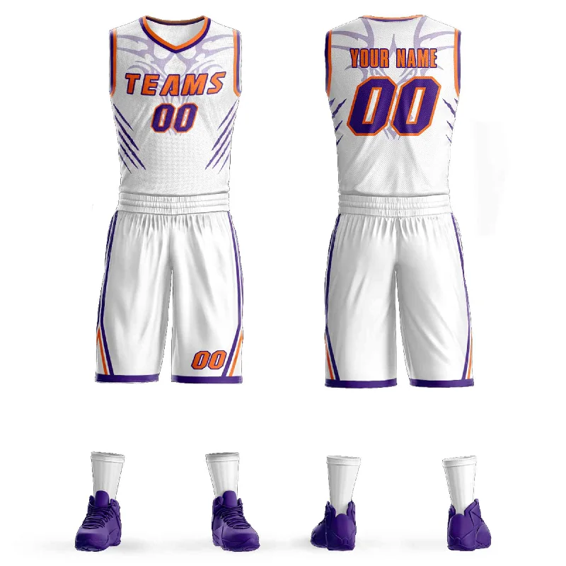 Soccer jersey for all team sizes and ages-Basketball jersey for all team sizes and ages-Custom White Orange-Purple Graffiti Pattern Sets Claw Element Basketball Jersey