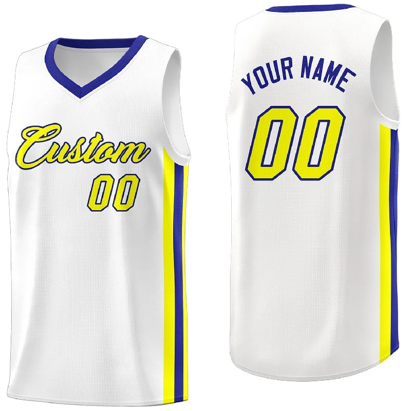 Custom soccer jersey with modern design-Custom basketball jersey with modern design-Custom White Yellow-Royal Classic Tops Men/Boy Athletic Basketball Jersey