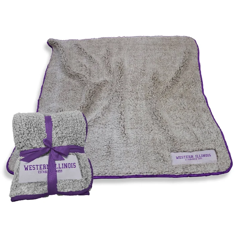 Personalized team blankets for family sports nights-Western Illinois Purple Frosty Fleece