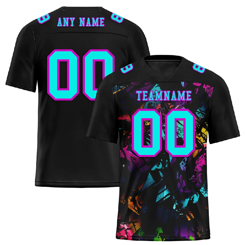 Personalized soccer jersey for a unique look-Custom Black Graffiti Pattern Aqua Personalized Authentic Football Jersey FBJ02-bc0faba