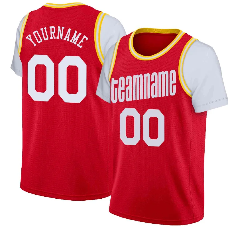 Soccer jersey with player names and numbers-Basketball jerseys with player names and numbers-Custom Red White Classic Tops Casual Fake Sleeve Basketball Jersey