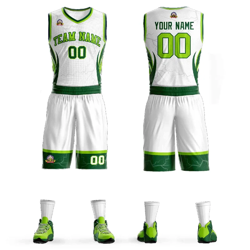 Custom soccer jersey for charity events-Custom basketball jersey for charity events-Custom White Neon Green-Green Graffiti Pattern Sets Lightning Basketball Jersey