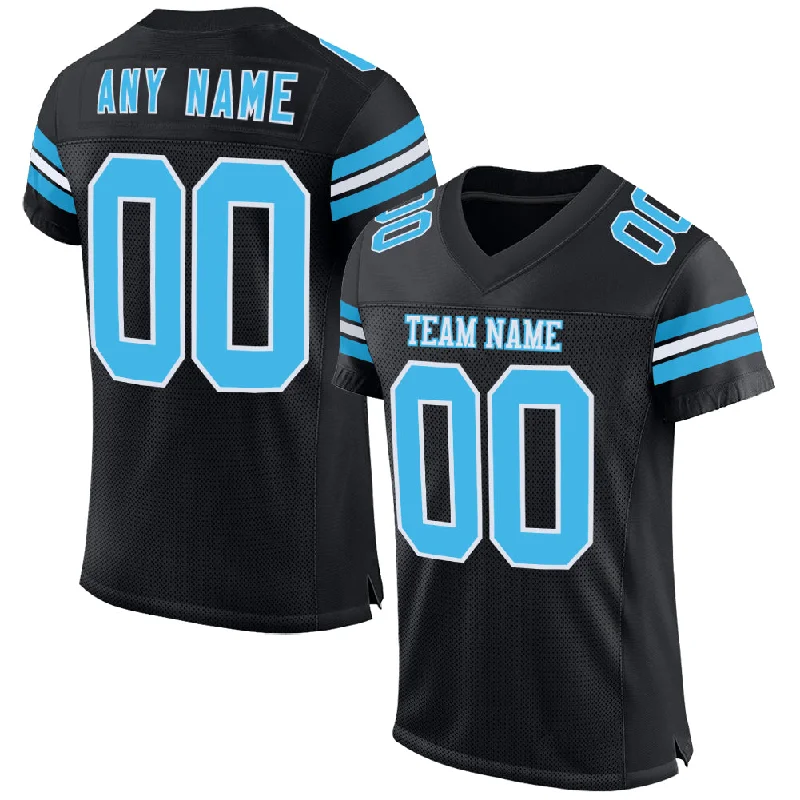 Soccer jersey with professional team logos-Custom Black Sky Blue-White Mesh Authentic Football Jersey