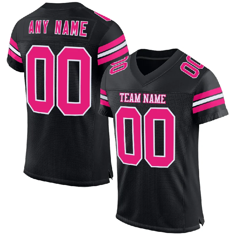 Personalized soccer jersey for school teams-Custom Black Hot Pink-White Mesh Authentic Football Jersey