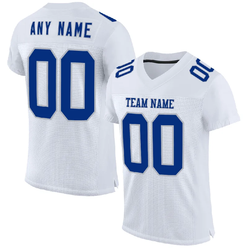 Soccer jersey with customizable stitching and patchwork-Custom White Royal-Gray Mesh Authentic Football Jersey