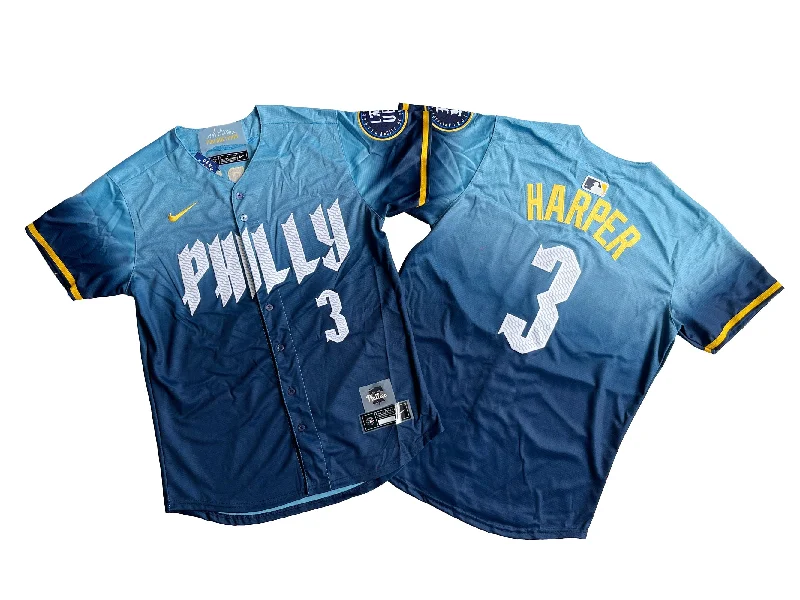 Custom baseball jersey with name and number options-Philadelphia Phillies #3 Bryce Harper Nike Blue 2024 City Connect Limited Player Jersey