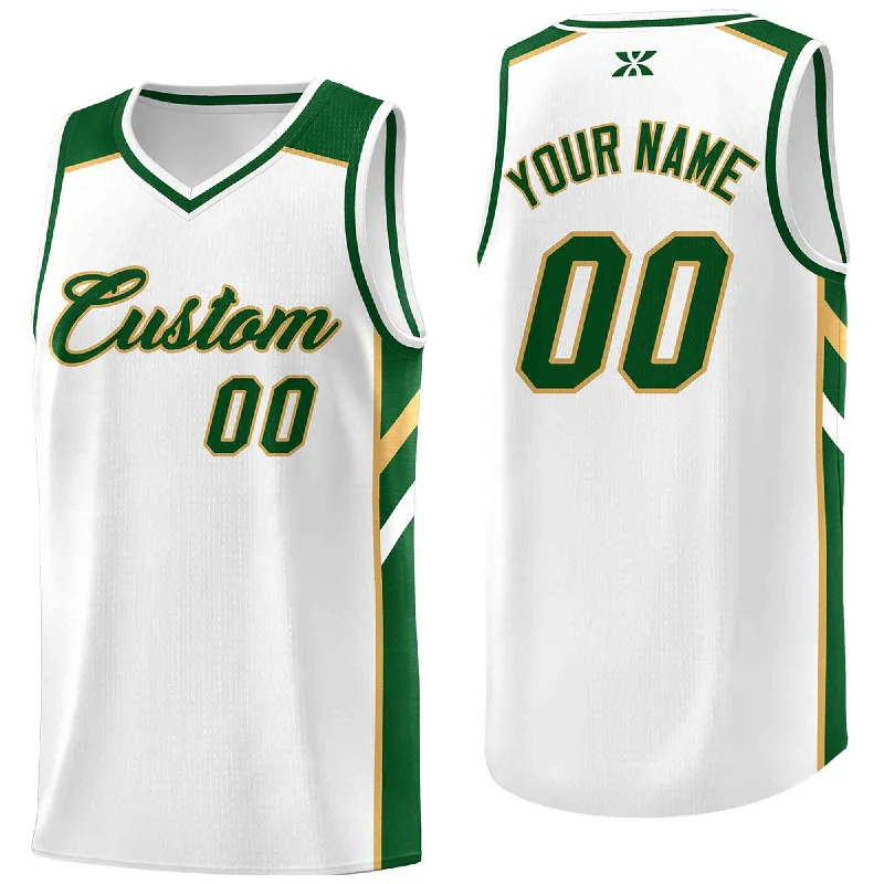 Soccer jersey for all team sizes and ages-Basketball jersey for all team sizes and ages-Custom White Green-Old Gold Classic Tops Style Mesh Sport Basketball Jersey