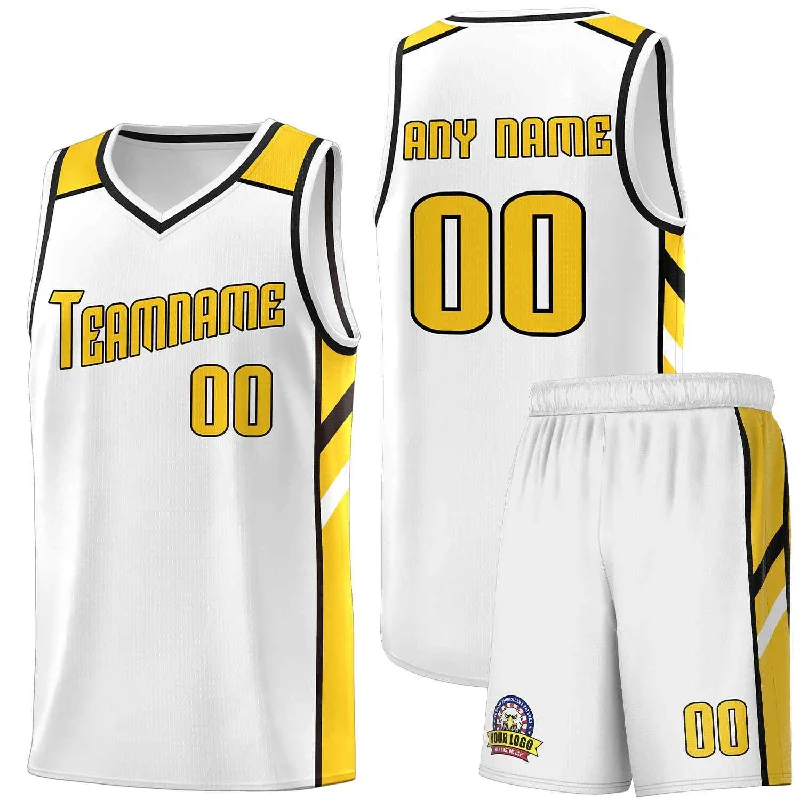 Personalized soccer jersey with vibrant color schemes-Personalized basketball jersey with vibrant color schemes-Custom White Yellow-Black Classic Sets Sports Uniform Basketball Jersey