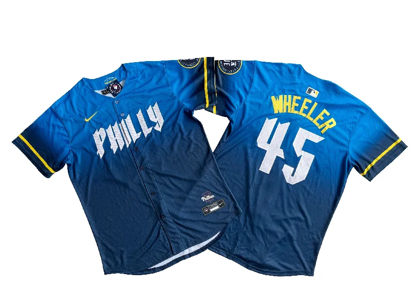 Baseball jersey with player and team personalization-Philadelphia Phillies #45 Zack Wheeler Nike Blue 2024 City Connect Limited Player Jersey