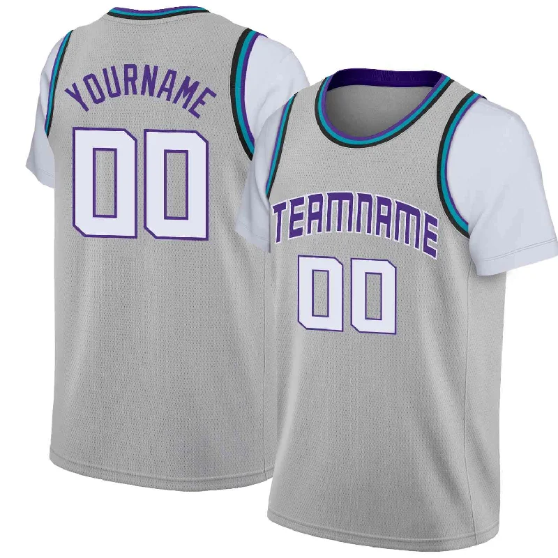 Custom soccer jersey with your favorite team-Custom basketball jersey with your favorite team-Custom Gray Purple-White Classic Tops Casual Fake Sleeve Basketball Jersey