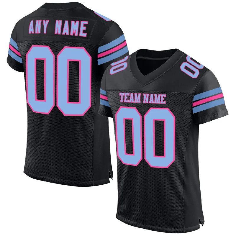 Custom soccer jersey for league championships-Custom Black Light Blue-Pink Mesh Authentic Football Jersey