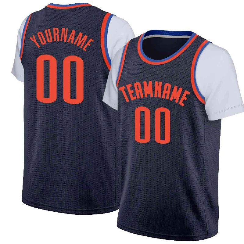 Soccer jersey for competitive players and league games-Basketball jersey for competitive players and league games-Custom Navy Orange Classic Tops Casual Fake Sleeve Basketball Jersey