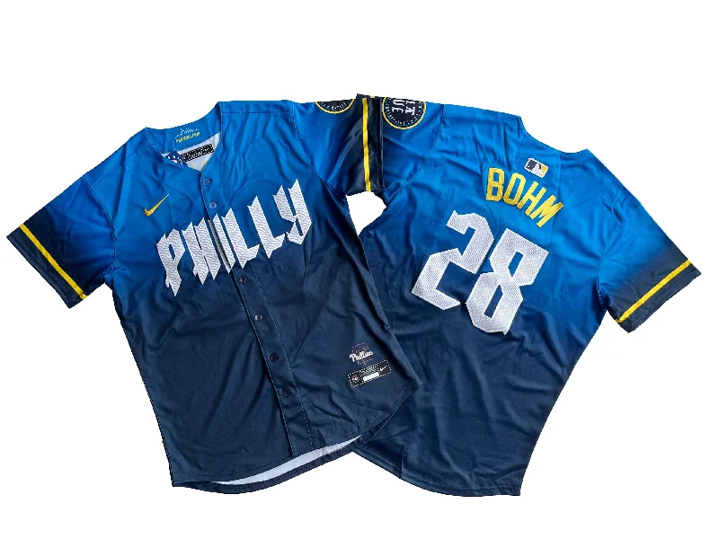 Personalized baseball jersey for charity and fundraising events-Philadelphia Phillies Alec Bohm #28 Blue 2024 City Connect Limited Player Jersey.