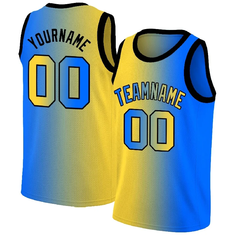 Custom soccer jersey with breathable fabric for fitness-Custom basketball jersey with breathable fabric for fitness-Custom Yellow Blue Black Gradient Fashion Tops Basketball Jersey