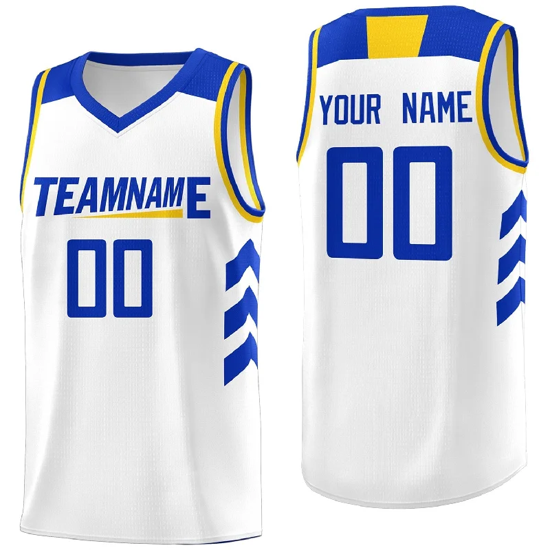 Personalized soccer jersey with team-specific logos-Personalized basketball jersey with team-specific logos-Custom White Yellow-Royal Classic Tops Mesh Sport Basketball Jersey