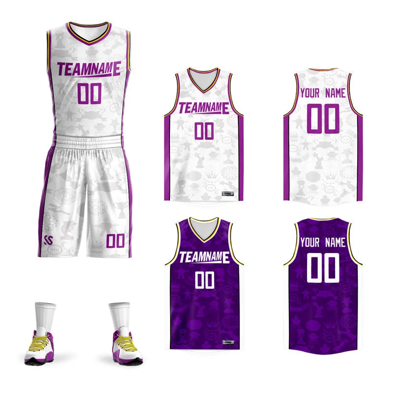 Custom soccer jersey for sports teams-Custom basketball jersey for sports teams-Custom White Purple Double Side Sets Basketball Jersey